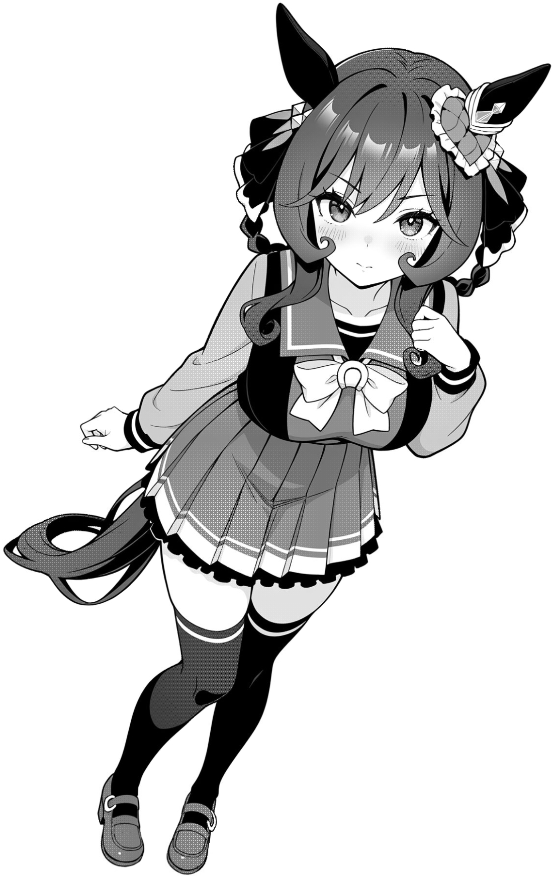 akagi koku, gentildonna (umamusume), umamusume, commentary, highres, 1girl, animal ears, back bow, blush, bow, bowtie, breasts, frilled skirt, frills, full body, greyscale, hand up, horse ears, horse girl, horse tail, large breasts, long sleeves, looking at viewer, monochrome, pleated skirt, sailor collar, school uniform, shirt, shoes, simple background, skirt, smile, solo, standing, tail, thighhighs, tracen school uniform, winter uniform, zettai ryouiki