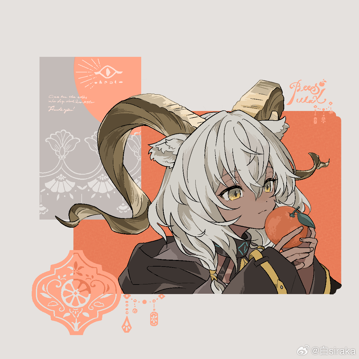 sirakaro, beeswax (arknights), arknights, highres, 1girl, animal ears, closed mouth, fingerless gloves, food, fruit, gloves, grey background, grey hair, hair between eyes, long sleeves, looking at viewer, mandarin orange, simple background, solo, upper body, yellow eyes