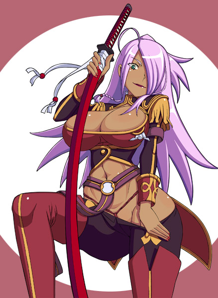 caryo, nanashino, garnet mclane, dragonaut, light purple hair, 00s, 1girl, ahoge, boots, breasts, bursting breasts, cleavage, dark-skinned female, dark skin, female focus, green eyes, hair over one eye, huge breasts, large breasts, long hair, nail polish, navel, panties, panty pull, purple hair, red thighhighs, smile, solo, sword, thigh boots, thighhighs, thong, underwear, weapon