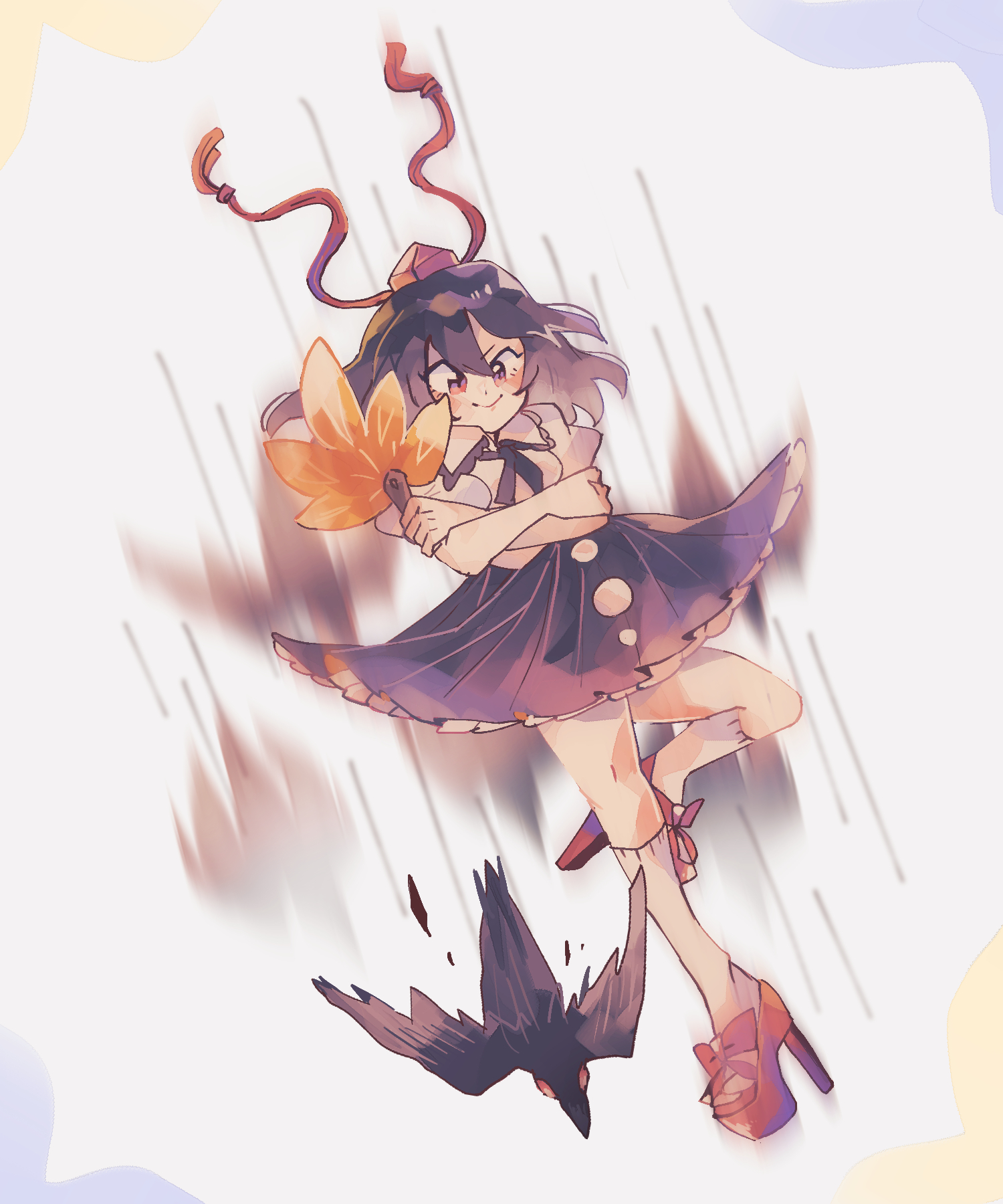 ratto (mobilis 1870), shameimaru aya, touhou, touhou hisoutensoku, commentary, highres, 1girl, bird, black bird, black skirt, falling, full body, hat, high heels, kneehighs, medium hair, motion lines, red hat, red shoes, shirt, shoes, skirt, smile, socks, solo, tengu, tokin hat, white shirt, white socks