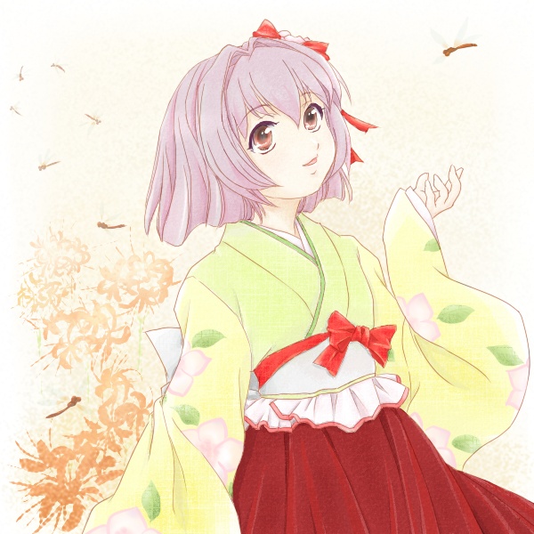 floradanika, hieda no akyuu, perfect memento in strict sense, touhou, 1girl, bug, dragonfly, female focus, hakama, hakama short skirt, hakama skirt, heida no akyuu, japanese clothes, kimono, looking at viewer, pink hair, purple eyes, red skirt, short hair, skirt, solo, wide sleeves