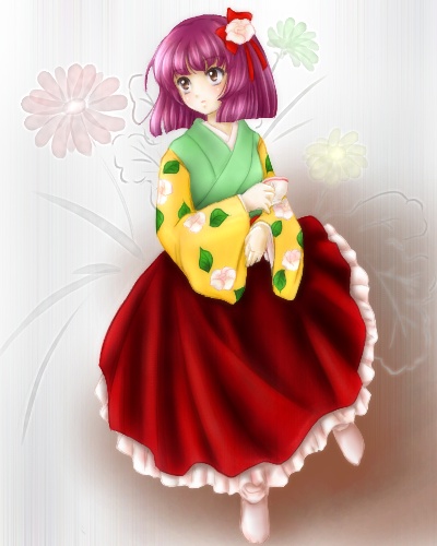 floradanika, hieda no akyuu, perfect memento in strict sense, touhou, lowres, 1girl, cup, female focus, flower, hair flower, hair ornament, heida no akyuu, japanese clothes, kimono, purple eyes, purple hair, red skirt, short hair, skirt, socks, solo, teacup