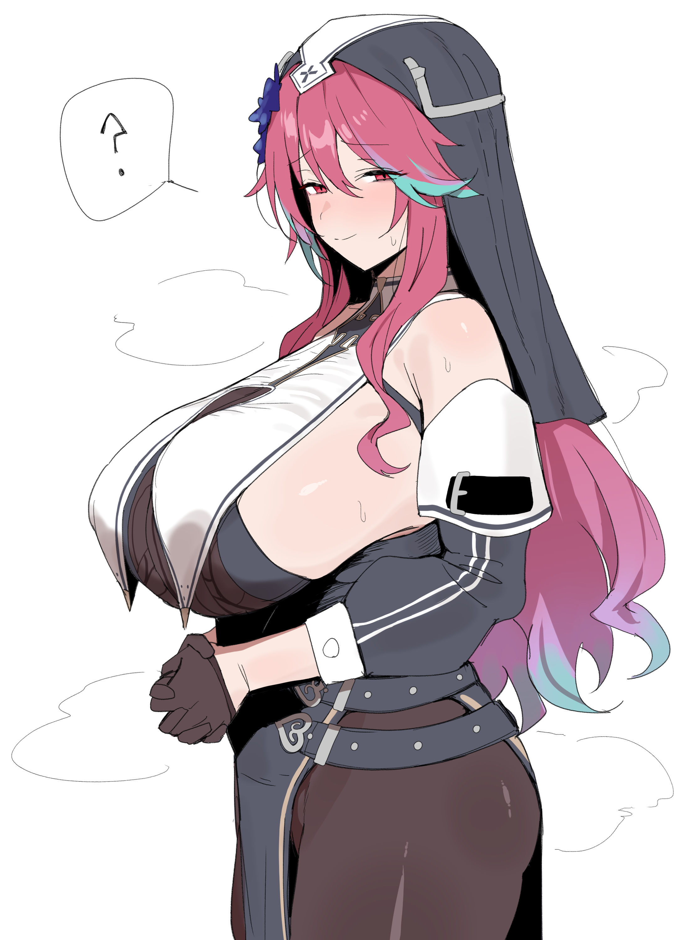 xipa, rosetta (vtuber), indie virtual youtuber, absurdres, commentary, highres, 1girl, ?, aqua hair, breasts, closed mouth, gradient hair, long hair, looking at viewer, multicolored hair, nun, red eyes, red hair, simple background, smile, solo, spoken question mark, streaked hair, virtual youtuber, white background