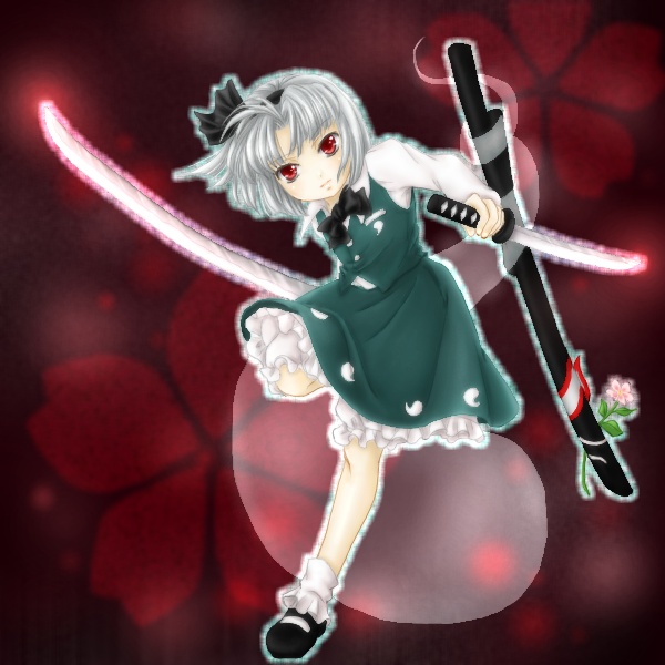 floradanika, konpaku youmu, konpaku youmu (ghost), touhou, 1girl, female focus, hitodama, katana, sheath, solo, sword, weapon