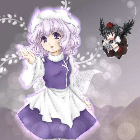 floradanika, letty whiterock, shameimaru aya, touhou, lowres, 2girls, female focus, gradient background, hat, multiple girls, nature, plant