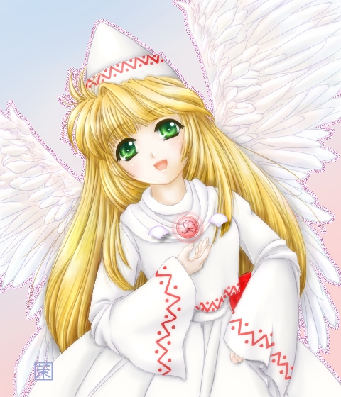 floradanika, lily white, touhou, 1girl, :d, angel wings, blonde hair, brooch, dress, female focus, gem, green eyes, jewelry, long hair, long sleeves, looking at viewer, open mouth, scarf, smile, solo, very long hair, white dress, wide sleeves, wings