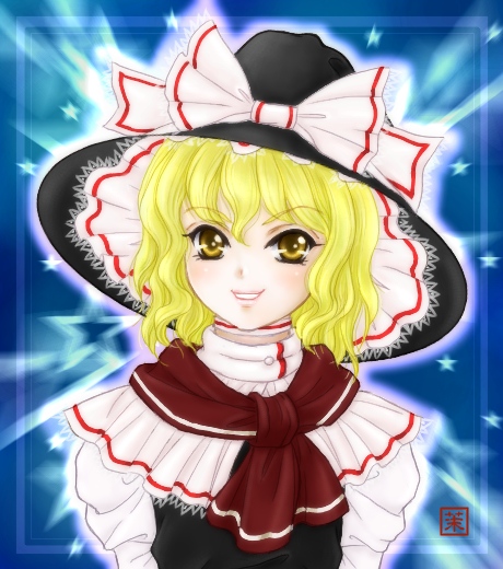 floradanika, kirisame marisa, touhou, 1girl, :d, black hat, black vest, blonde hair, blue background, border, bow, female focus, hair bow, hat, hat bow, lace trim, looking at viewer, open mouth, puffy sleeves, red scarf, scarf, shirt, short hair, smile, solo, star (symbol), turtleneck, upper body, vest, white bow, white shirt, witch hat, yellow eyes
