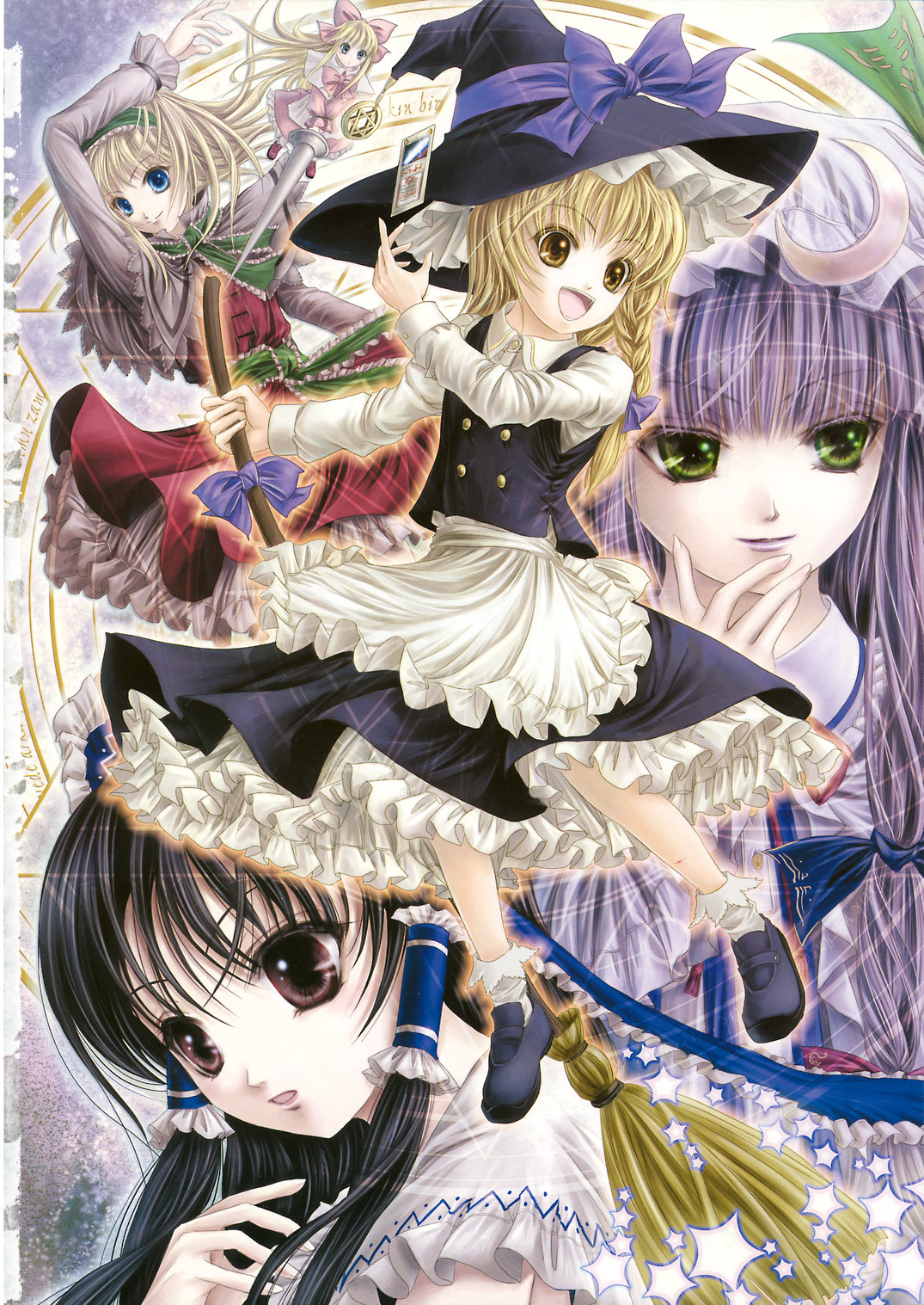 yuki shuuka, alice margatroid, hakurei reimu, kirisame marisa, patchouli knowledge, shanghai doll, touhou, highres, 4girls, :d, apron, blonde hair, blunt bangs, braid, brown eyes, female focus, green eyes, hair tubes, hat, long hair, looking at viewer, multiple girls, open mouth, puffy short sleeves, puffy sleeves, purple hair, short hair, short sleeves, sidelocks, single braid, smile, upper body, very long hair, waist apron, witch hat