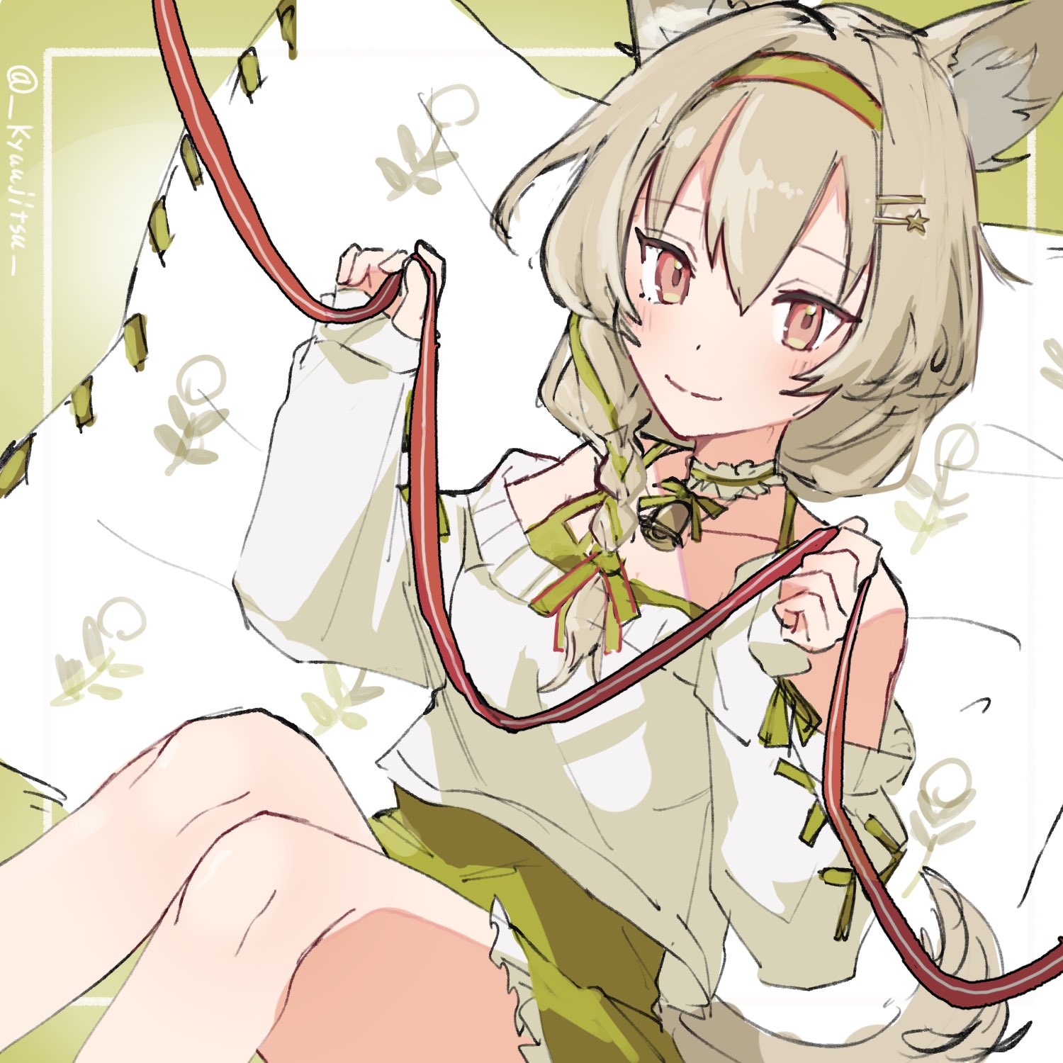 yatori suminohi, beanstalk (arknights), beanstalk (gift uncompleted) (arknights), arknights, commentary request, highres, 1girl, animal ear fluff, animal ears, bell, braid, brown hair, cropped sweater, dress, green dress, green hairband, green ribbon, hair ornament, hairband, hairclip, holding, holding ribbon, hyena ears, hyena girl, hyena tail, long hair, long sleeves, looking at viewer, multicolored nails, neck bell, neck garter, off-shoulder sweater, off shoulder, official alternate costume, red eyes, ribbon, sleeves past wrists, smile, solo, striped clothes, striped hairband, sweater, two-tone nails, white sweater