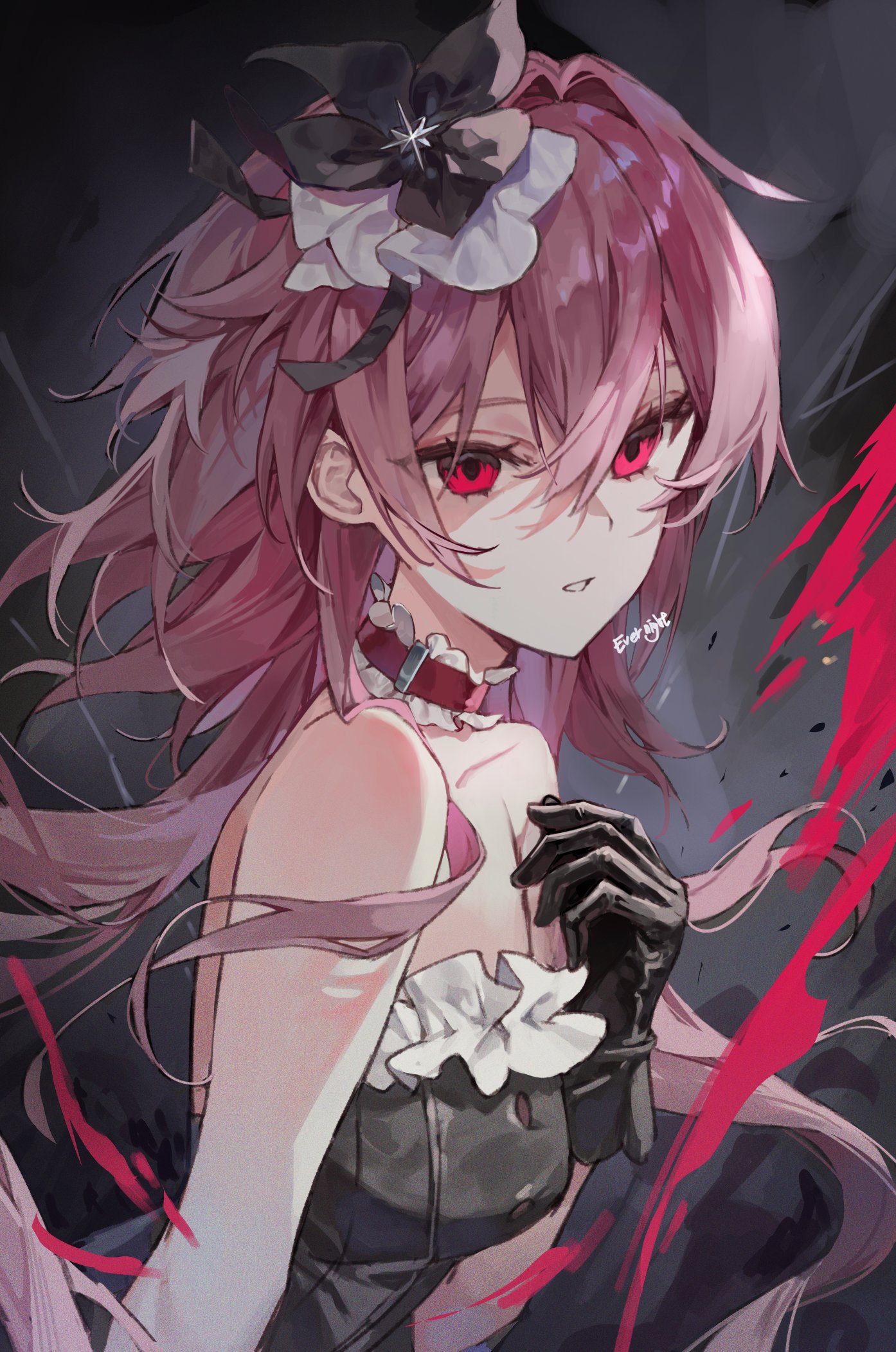 sha (nz2), evernight (honkai: star rail), march 7th (honkai: star rail), honkai: star rail, honkai (series), commentary, hashtag-only commentary, highres, 1girl, bare shoulders, black background, black dress, black gloves, breasts, double-parted bangs, dress, gloves, hair between eyes, hand up, long hair, looking at viewer, medium breasts, parted lips, pink hair, red eyes, solo, strapless, strapless dress, upper body