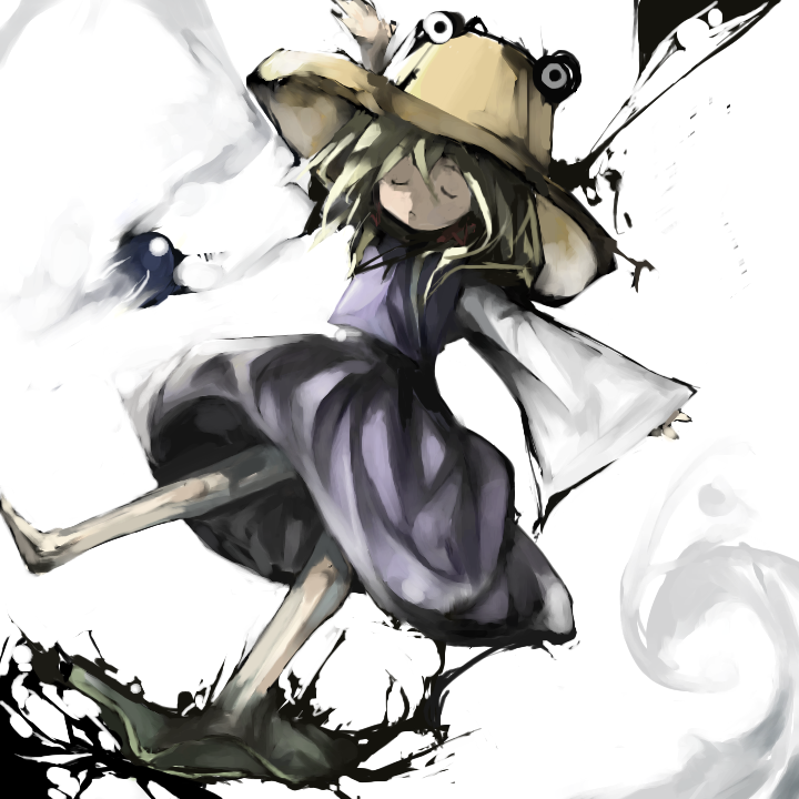 cusui, moriya suwako, touhou, 1girl, barefoot, closed eyes, female focus, hat, outstretched arms, solo, spread arms, wide sleeves