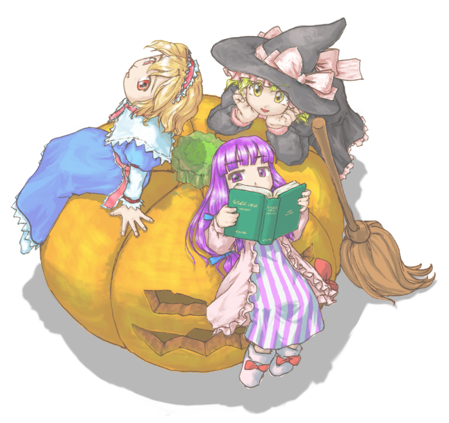 7b (tensei shuuseki), alice margatroid, kirisame marisa, patchouli knowledge, touhou, 3girls, arm support, blonde hair, book, broom, dress, female focus, from above, hat, head rest, jack-o'-lantern, multiple girls, open book, open mouth, pumpkin, purple eyes, purple hair, reading, red eyes, sitting, witch hat, yellow eyes