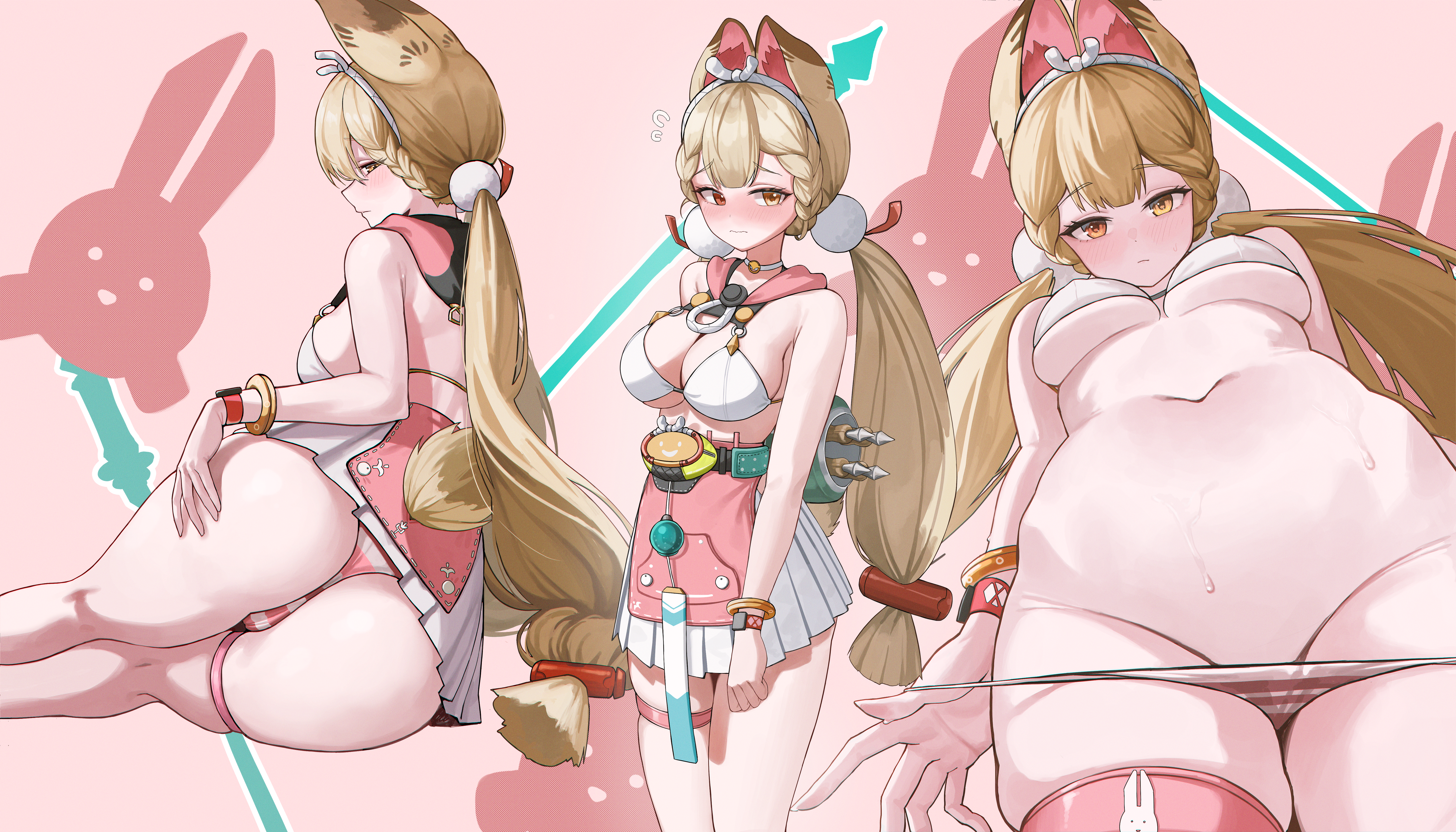 che (komulkomul48), alice thymefield, alice thymefield (sea of thyme), zenless zone zero, absurdres, commentary request, highres, 1girl, animal ears, ass, blonde hair, blush, breasts, closed mouth, dress swimsuit, groin, hairband, heterochromia, large breasts, long hair, looking at viewer, low twintails, multiple views, navel, panties, panty pull, pulling own clothes, rabbit ears, rabbit girl, rabbit tail, red eyes, skindentation, sphere hair ornament, stomach, tail, thigh strap, twintails, underwear, watch, white hairband, wristwatch, yellow eyes
