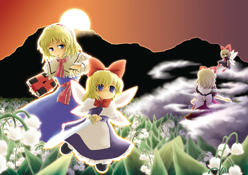 paji, alice margatroid, medicine melancholy, shanghai doll, su-san, touhou, 2girls, apron, belt, blonde hair, blue dress, blue shame, capelet, doll, dress, female focus, flower, flying, frills, lily of the valley, long sleeves, looking at viewer, mountain, multiple girls, short hair, sun, sunlight, waist apron