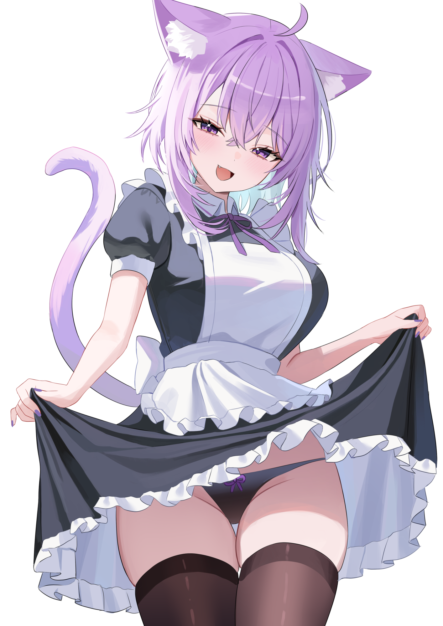 nannung, nekomata okayu, hololive, bad source, highres, 1girl, ahoge, animal ear fluff, animal ears, apron, back bow, black dress, black panties, black thighhighs, bow, bow panties, cat ears, cat girl, cat tail, dress, fang, lifting own clothes, looking at viewer, maid, maid apron, medium hair, open mouth, panties, purple hair, short sleeves, simple background, smile, standing, tail, thighhighs, underwear, virtual youtuber, white apron, white background, white bow