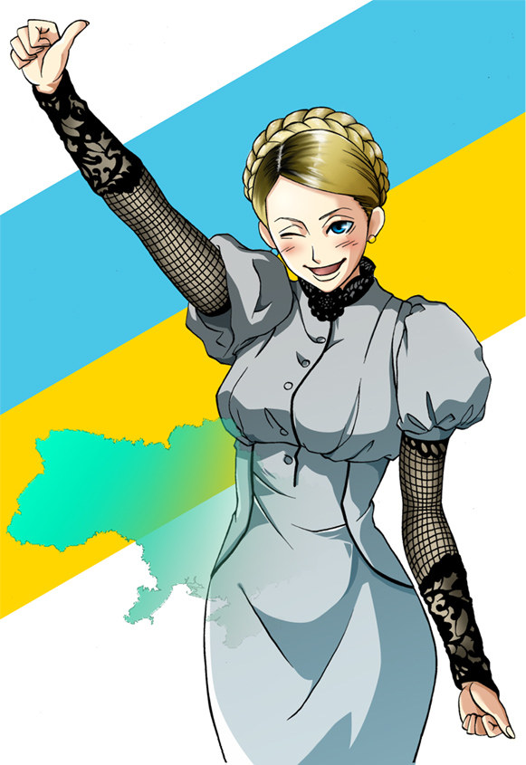 yulia tymoshenko, mudazumo naki kaikaku, 1girl, arm at side, arm up, blonde hair, blue eyes, braid, clenched hand, cowboy shot, crown braid, curvy, dress, earrings, female focus, fishnets, grey dress, jewelry, lace, long sleeves, looking at viewer, one eye closed, open mouth, parted bangs, politician, puffy sleeves, side braid, smile, solo, stud earrings, thumbs up, ukraine
