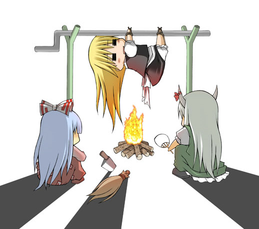 nikubanare, fujiwara no mokou, kamishirasawa keine, kirisame marisa, touhou, 3girls, back, bdsm, blonde hair, bondage, bound, broken, broom, cannibalism, chibi, cooking, dress, female focus, fire, from behind, hand fan, horn ornament, horn ribbon, horns, hugging own legs, knife, long hair, multiple girls, ribbon, sitting, skirt, suspension, tied up (nonsexual), white background