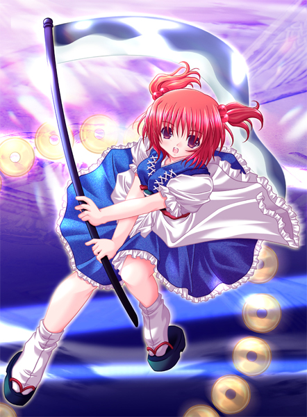 higuchi norie, onozuka komachi, touhou, 1girl, coin, danmaku, female focus, geta, hair bobbles, hair ornament, kneehighs, looking at viewer, magic, motion blur, okobo, platform sandals, puffy short sleeves, puffy sleeves, red eyes, red hair, sandals, scythe, short hair, short sleeves, socks, solo, tabi, white socks