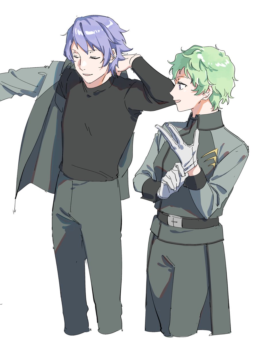 nanao parakeet, hilling care, revive revival, gundam, gundam 00, highres, 1boy, 1girl, belt, black shirt, black undershirt, gloves, green hair, green jacket, green pants, innovators (gundam 00), jacket, military uniform, pants, purple eyes, purple hair, putting on jacket, shirt, short hair, simple background, white background, white gloves