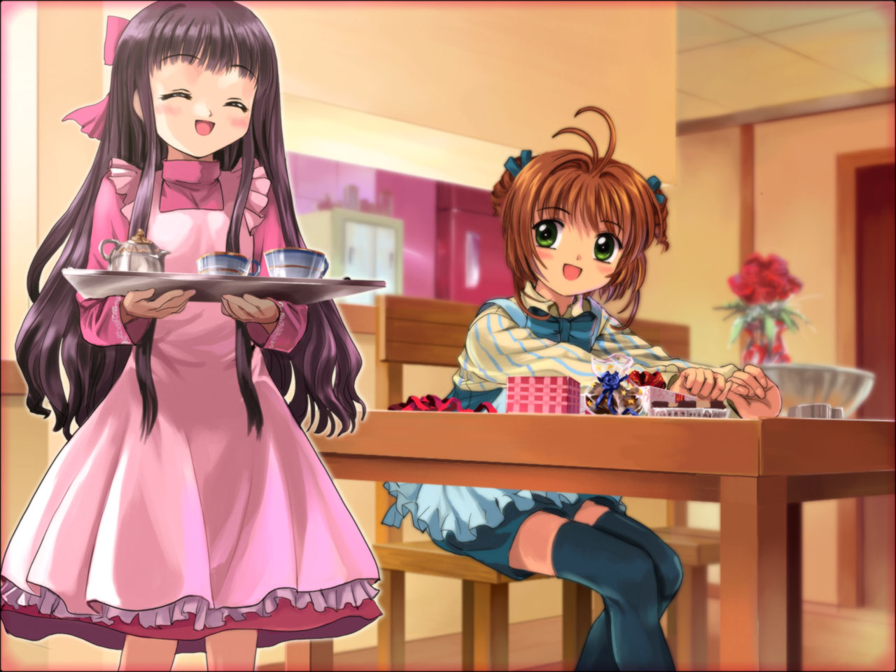 mutsuki (moonknives), daidouji tomoyo, daidouji tomoyo (chef: tomoyo), kinomoto sakura, kinomoto sakura (shopgirl: mint), cardcaptor sakura, kodansha, 1990s (style), 2girls, ^ ^, antenna hair, blouse, blue thighhighs, blurry, brown hair, chair, child, closed eyes, cup, depth of field, drill hair, green eyes, happy, indoors, long hair, multiple girls, retro artstyle, ribbon, shirt, short hair, sitting, smile, standing, table, tea, teacup, thighhighs, two side up, wooden chair, wooden table, yellow shirt