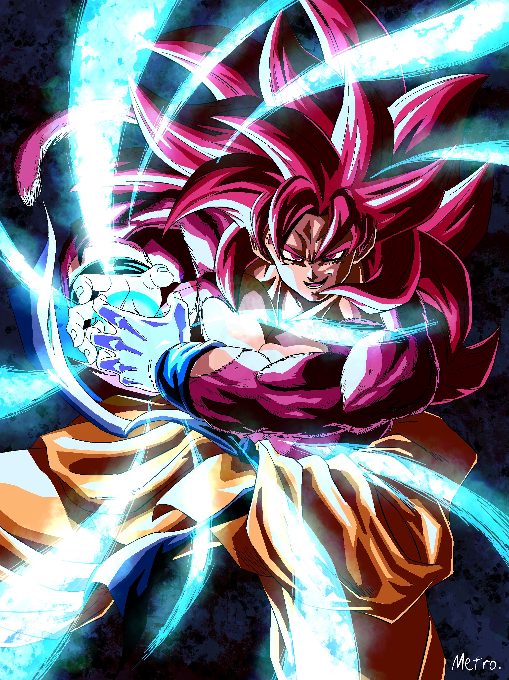 yamuchasiyagatte, son goku, dragon ball, dragon ball daima, absurdres, commentary request, highres, 1boy, blue background, body fur, cowboy shot, energy ball, kamehameha (dragon ball), male focus, monkey tail, muscular, muscular male, orange pants, pants, pink eyes, pink fur, pink hair, pink tail, solo, super saiyan, super saiyan 4, tail, topless male