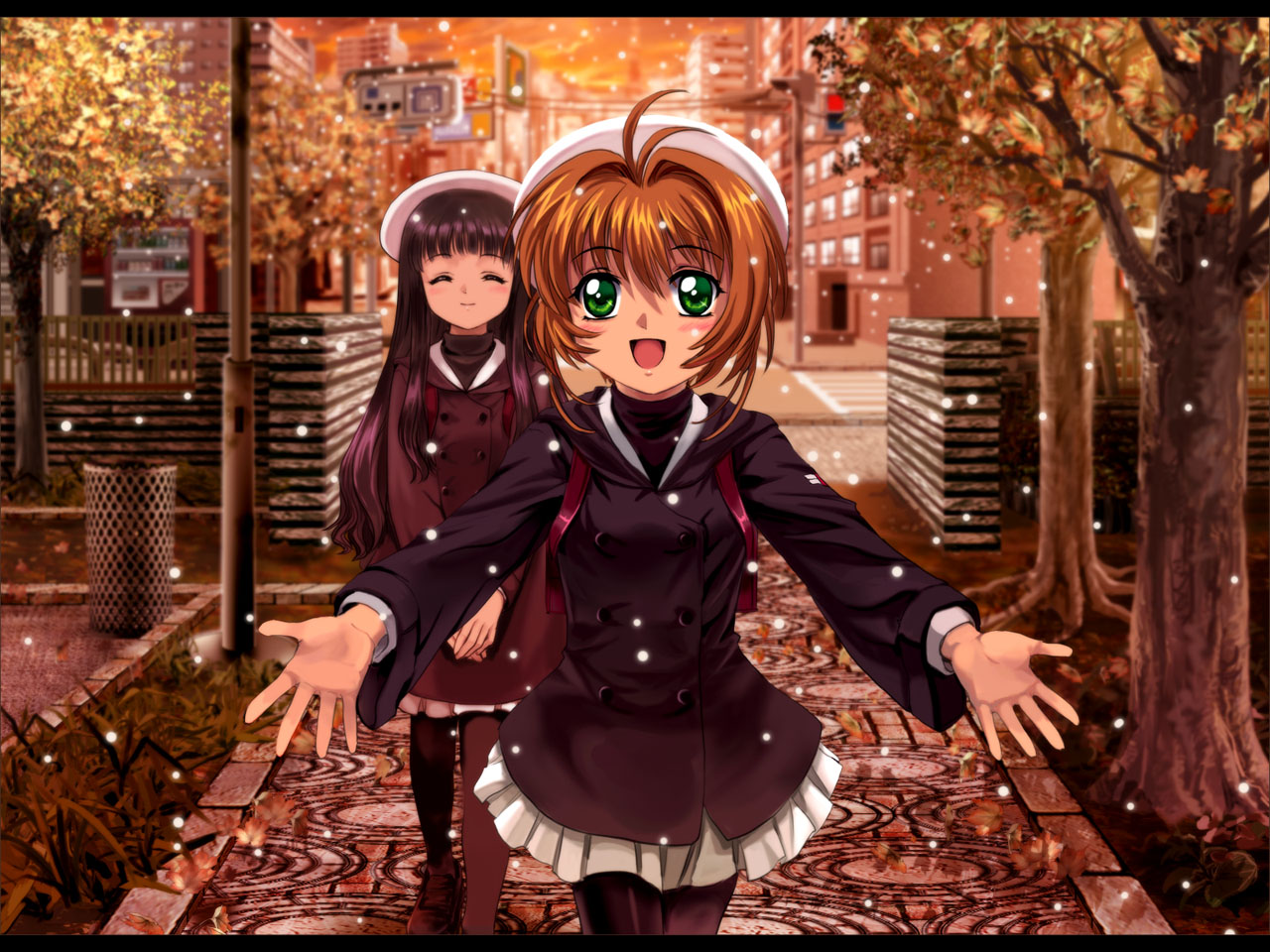 mutsuki (moonknives), daidouji tomoyo, kinomoto sakura, cardcaptor sakura, kodansha, 1990s (style), 2girls, autumn, child, hat, multiple girls, pantyhose, retro artstyle, school uniform, serafuku, snow, snowing, tomoeda middle school uniform, white hat