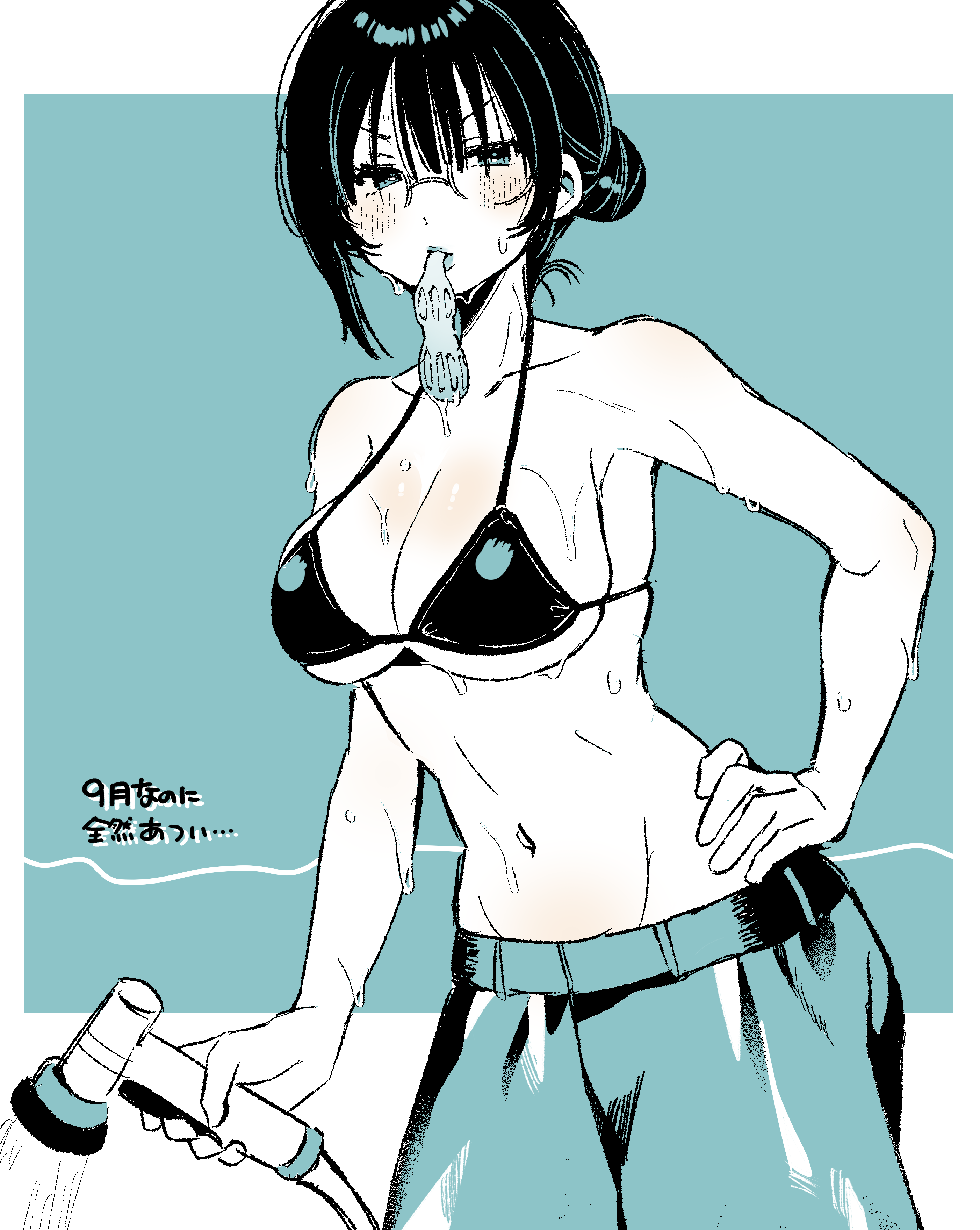 suicchonsuisui, original, absurdres, commentary request, highres, 1girl, aqua theme, blush, breasts, cleavage, cowboy shot, glasses, hair bun, hand on own hip, holding, holding hose, hose, hot, large breasts, monochrome, navel, no shirt, pants, solo, standing, stomach, string bra, sweat, v-shaped eyebrows, wispy bangs