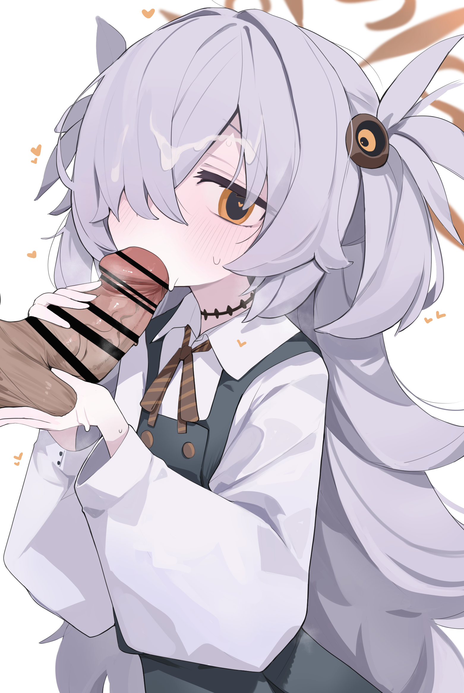 mikozin, kanoe (blue archive), blue archive, highres, 1boy, 1girl, bar censor, black choker, brown eyes, brown halo, censored, choker, cum, cum on hair, fellatio, grey hair, hair over one eye, halo, heart, heart-shaped pupils, hetero, long hair, long sleeves, looking at viewer, oral, penis, shirt, simple background, solo focus, symbol-shaped pupils, testicles, two side up, white background, white shirt