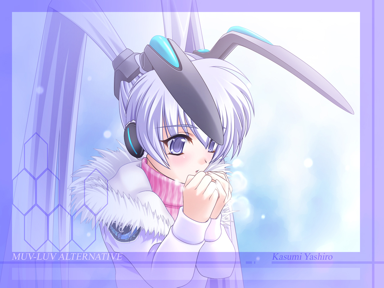 yashiro kasumi, muv-luv, blue eyes, blue hair, blush, cold, twintails, winter