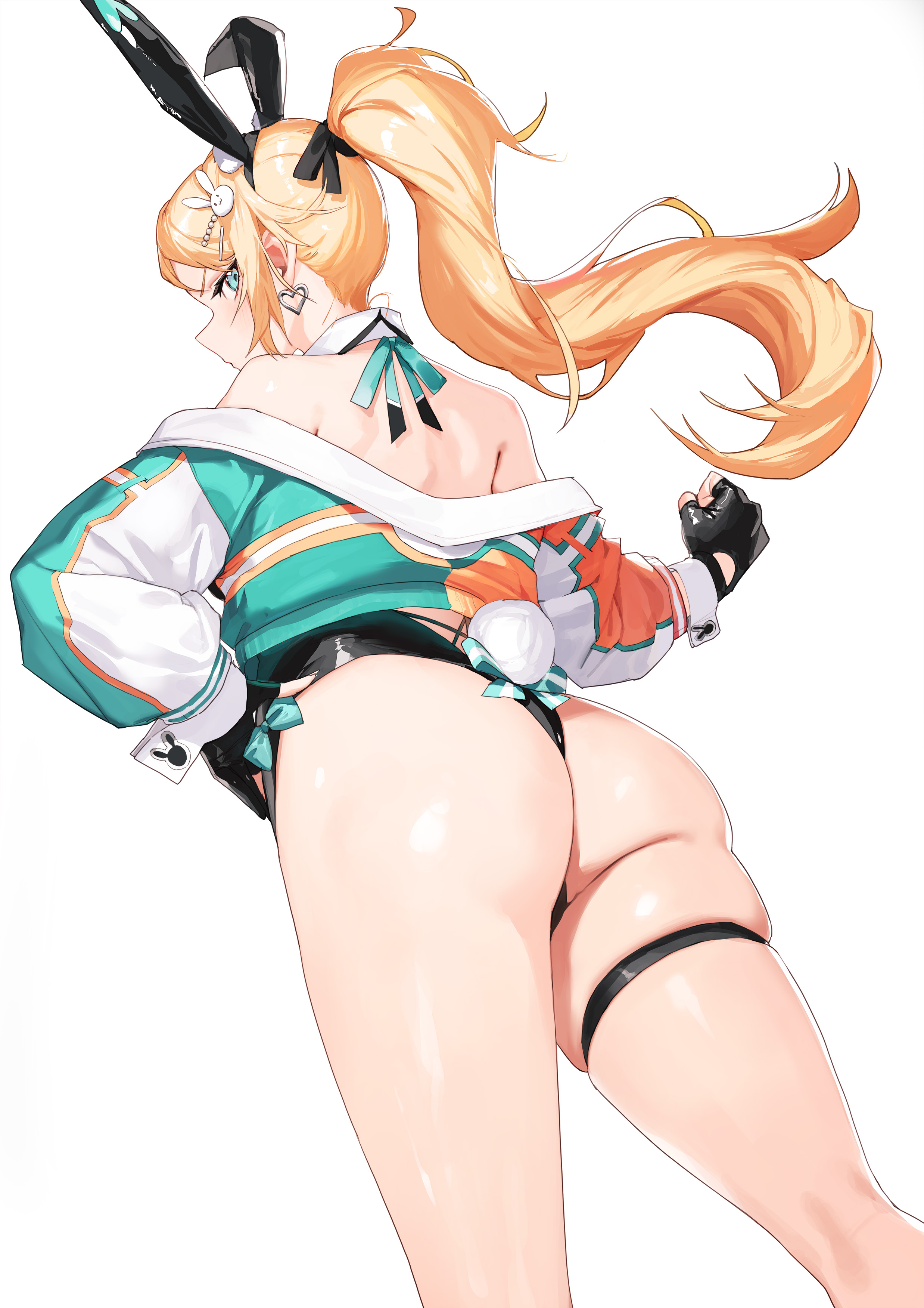 tunamayo (dsasd751), nicky blake, nicky blake (bad beat), black survival, eternal return: black survival, absurdres, highres, 1girl, ahoge, animal ears, ass, ass focus, bare shoulders, black gloves, black leotard, blonde hair, blush, curvy, detached collar, fake animal ears, fingerless gloves, from behind, gloves, hair ornament, hairclip, hand on own hip, highleg, highleg leotard, huge ass, jacket, leotard, long hair, looking at viewer, looking back, multicolored jacket, necktie, orange jacket, playboy bunny, ponytail, rabbit ears, shiny skin, short necktie, simple background, solo, thick thighs, thigh strap, thighs, thong leotard, white background, white wrist cuffs, wide hips, wrist cuffs