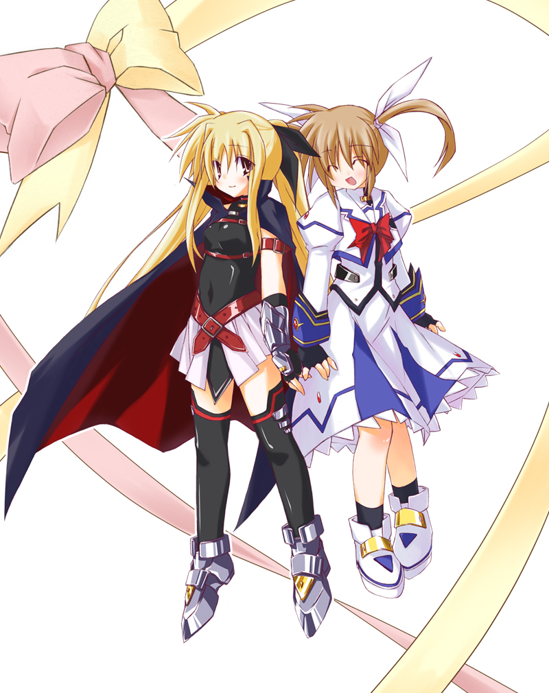 mizuno minato, fate testarossa, fate testarossa (lightning form), takamachi nanoha, takamachi nanoha (sacred mode), lyrical nanoha, mahou shoujo lyrical nanoha, mahou shoujo lyrical nanoha a's, 00s, 2girls, arm belt, belt, blonde hair, bow, cape, closed eyes, fingerless gloves, gloves, magical girl, multiple girls, red bow, red eyes, red hair, thighhighs, twintails, zettai ryouiki