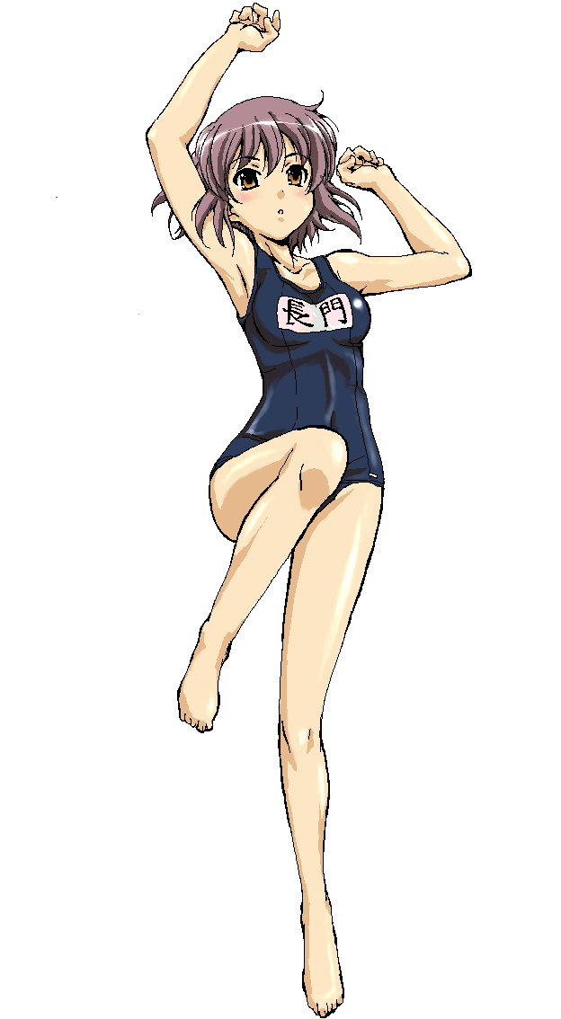 fujimoto satoru, nagato yuki, suzumiya haruhi no yuuutsu, 00s, 1girl, barefoot, black one-piece swimsuit, female focus, name tag, oekaki, one-piece swimsuit, school swimsuit, solo, swimsuit