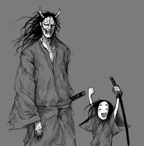 oguchi, gantz, original, 00s, 1boy, 1girl, alien, child, demon, greyscale, hannya, katana, mask, monochrome, noh mask, oni, oni mask, sketch, smile, sword, traditional youkai, weapon
