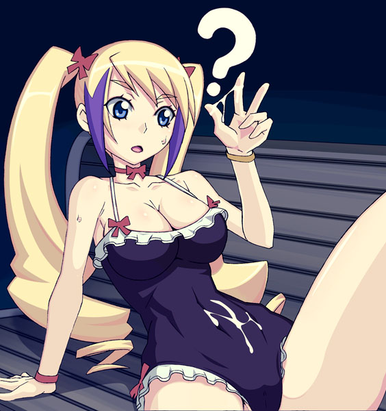 caryo, nanashino, jacqueline baumgold, dragonaut, 00s, 1girl, ?, blonde hair, breasts, cleavage, clueless, cum, cum on body, cum on clothes, cum on upper body, female focus, large breasts, long hair, ribbon, solo, twintails