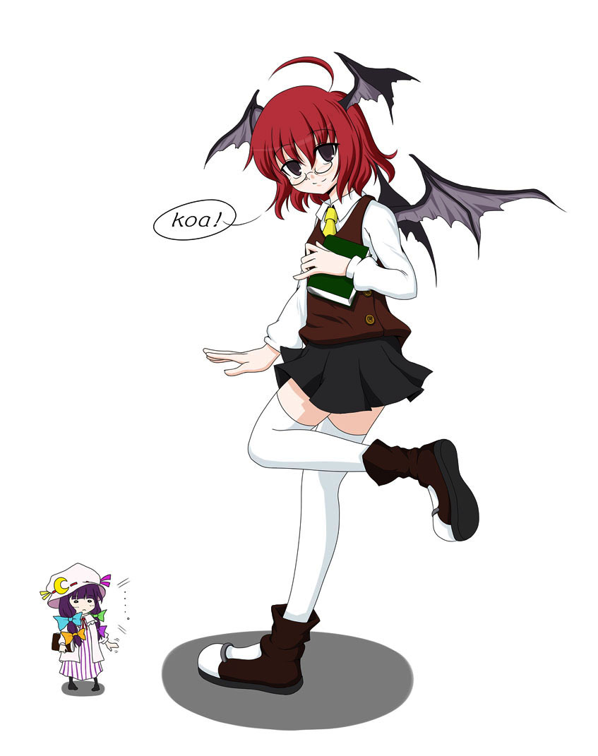 blue pony, bluepony, koakuma, patchouli knowledge, embodiment of scarlet devil, touhou, 2girls, ahoge, alternate costume, alternate eye color, alternate hair length, alternate hairstyle, bat wings, bespectacled, book, capelet, chibi, chibi inset, crescent, dress, female focus, glasses, hair ribbon, hat, head wings, holding, holding book, koa (phrase), long hair, low-tied long hair, mob cap, multiple girls, purple dress, purple hair, red hair, ribbon, short hair, simple background, skirt, solo focus, striped clothes, striped dress, thighhighs, tress ribbon, vertical stripes, vest, white background, wide oval eyes, wings, zettai ryouiki