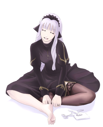 mr.romance, priest (ragnarok online), whitemaria, ragnarok online, asymmetrical clothes, barefoot, feet, goth fashion, priest, single thighhigh, smile, solo, thighhighs