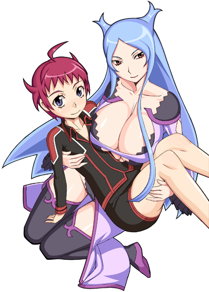caryo, nanashino, machina (dragonaut), souya akira, dragonaut, 00s, 2girls, blue hair, breasts, cleavage, large breasts, multiple girls, red hair, thighhighs