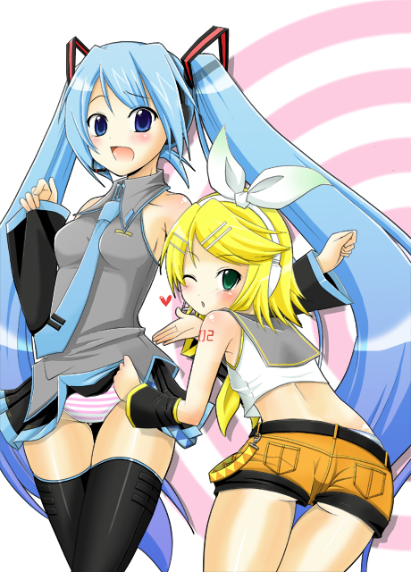 pochi (pochi-goya), hatsune miku, kagamine rin, vocaloid, blue eyes, blue hair, clothes lift, detached sleeves, headphones, long hair, necktie, one eye closed, panties, skirt, skirt lift, striped clothes, striped panties, thighhighs, twintails, underwear, very long hair, wink