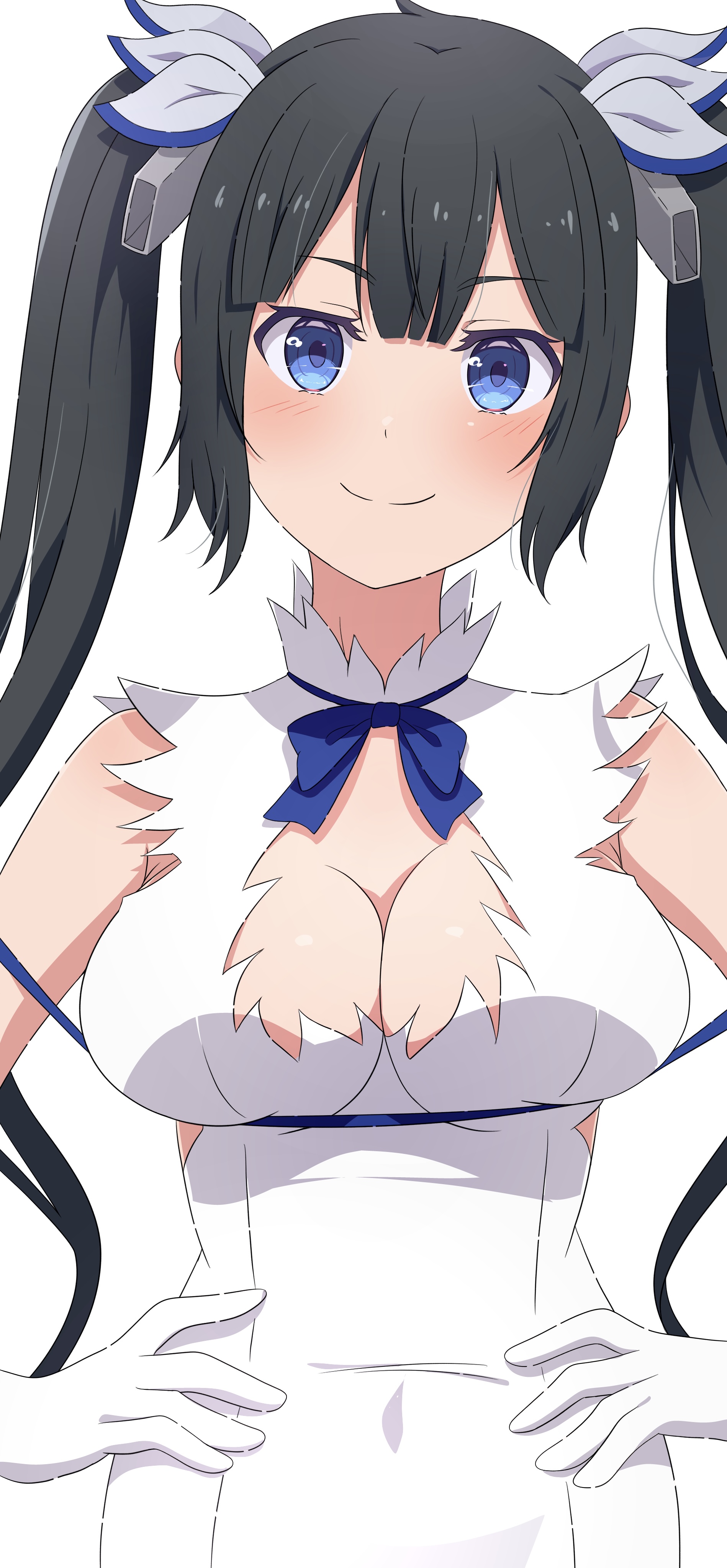 na-suke, hestia (danmachi), dungeon ni deai wo motomeru no wa machigatteiru darou ka, absurdres, commentary request, highres, 1girl, black hair, blue eyes, blue ribbon, breasts, cleavage, cleavage cutout, closed mouth, clothing cutout, dress, gloves, hands on own hips, large breasts, long hair, looking at viewer, neck ribbon, rei no himo, ribbon, simple background, sleeveless, sleeveless dress, smile, solo, twintails, upper body, white background, white dress, white gloves