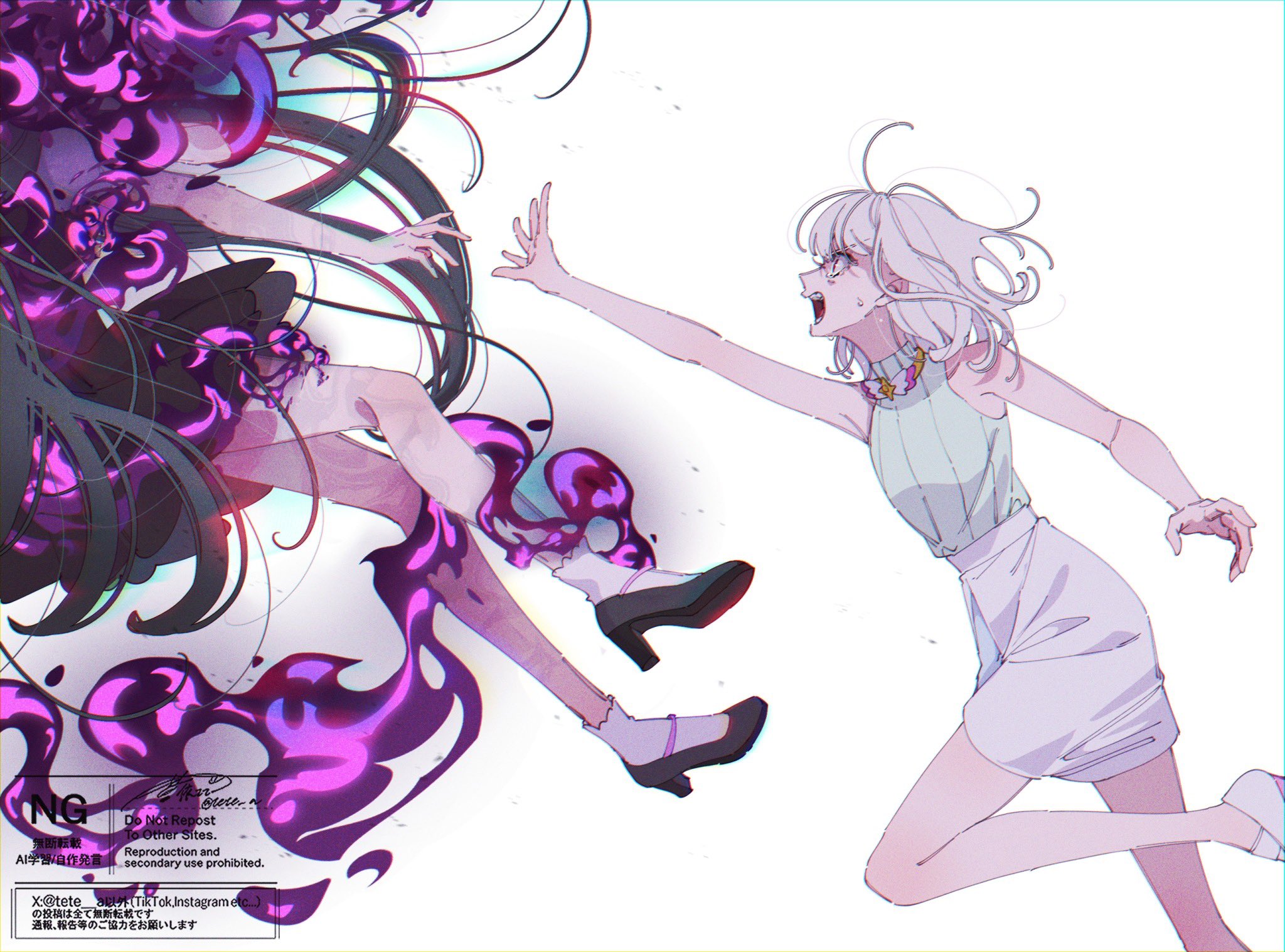 aoi tete, meroron (precure), purirun (precure), kimi to idol precure, precure, desperation, highres, 2girls, armpits, artist name, bare arms, bare legs, bare shoulders, black hair, black shoes, blonde hair, blunt bangs, bob cut, chasing, choker, crying, floating hair, high heels, loafers, long hair, meroron (civilian) (precure), miniskirt, multiple girls, open mouth, purirun (civilian) (precure), reaching, reaching towards another, ribbon choker, running, shirt, shoes, sideways, sideways face, signature, skirt, sleeveless, sleeveless shirt, socks, sweat, sweatdrop, twitter username, very long hair, watermark, white skirt, white socks