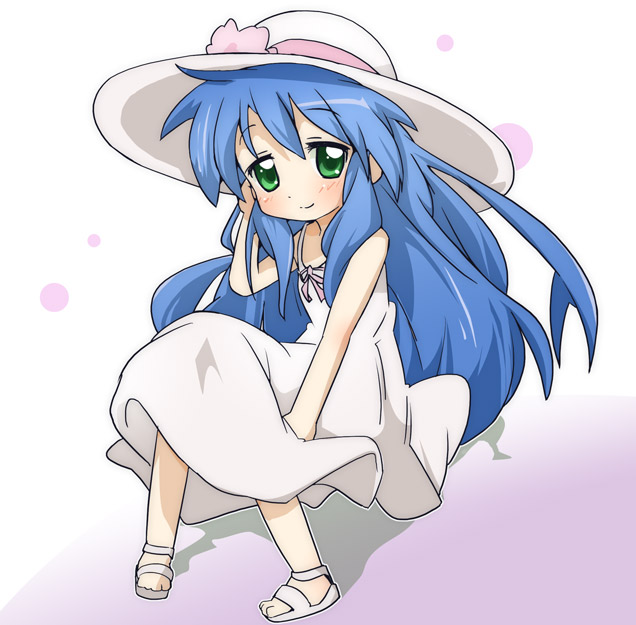 ixy, izumi kanata, lucky star, 00s, 1girl, blue hair, blush, female focus, green eyes, hat, long hair, smile, solo