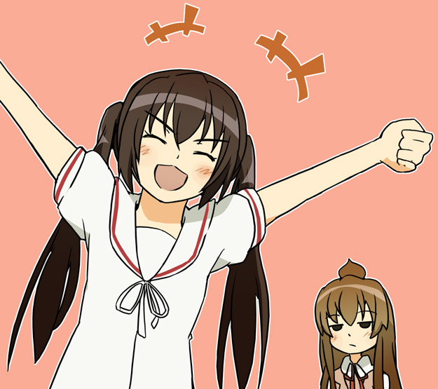 ixy, minami chiaki, minami kana, minami-ke, 00s, ahoge, brown hair, simple background, twintails