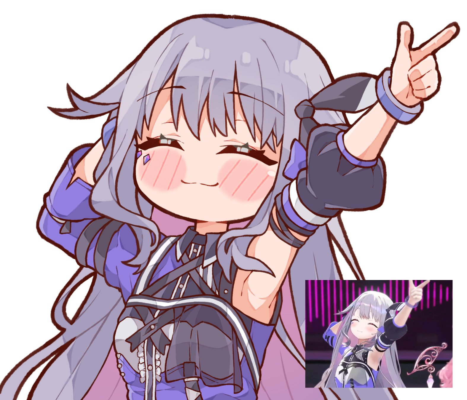 kukie-nyan, koseki bijou, hololive, hololive english, highres, 1girl, armpits, blush, blush stickers, chibi, grey hair, long hair, multicolored hair, smile, solo, virtual youtuber