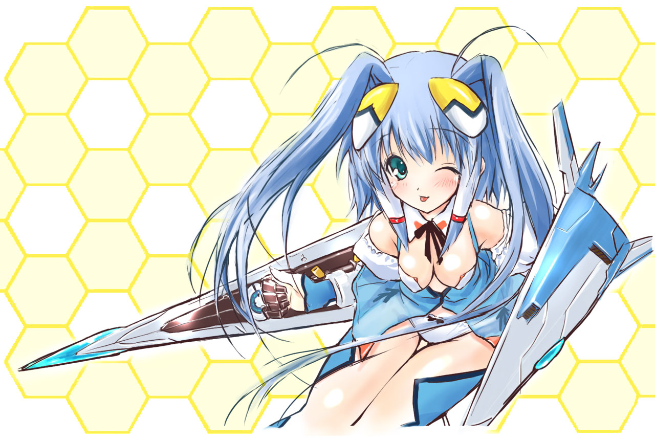 saeki touma, aoba anoa, otomedius, 1girl, ;q, antenna hair, black bow, black bowtie, blue eyes, blue hair, blue thighhighs, blush, bow, bowtie, breasts, cleavage, detached collar, female focus, green eyes, hair intakes, hair tubes, honeycomb (pattern), honeycomb background, long hair, looking at viewer, matching hair/eyes, mecha musume, one eye closed, panties, revealing clothes, solo, thighhighs, tongue, tongue out, twintails, underwear, wink