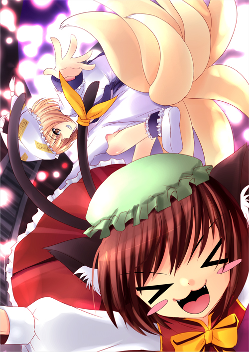 yukizuki chikuba, chen, yakumo ran, touhou, > <, > <, 2girls, :3, animal ears, animal hat, arms up, blonde hair, blush stickers, cat ears, cat girl, closed eyes, fang, female focus, fox tail, hat, long sleeves, mob cap, multiple girls, multiple tails, outstretched arms, shoes, short hair, tail, x3