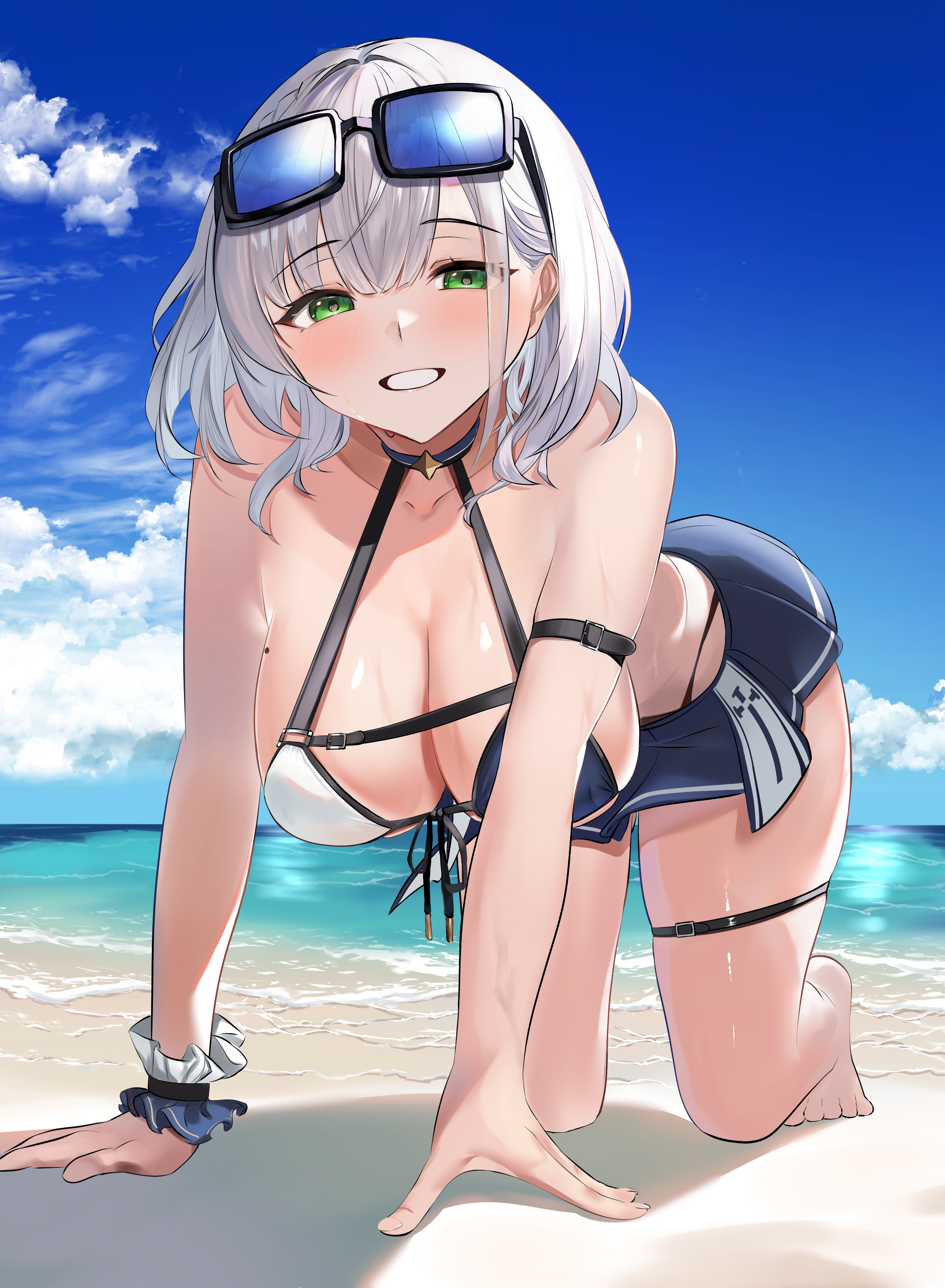 kinkikids753, shirogane noel, shirogane noel (summer 2020), hololive, absurdres, highres, 1girl, all fours, arm belt, barefoot, beach, belt, bikini, black belt, black skirt, breasts, chest belt, cleavage, cloud, collarbone, eyewear on head, front-tie bikini top, front-tie top, green eyes, large breasts, miniskirt, mole, mole on breast, multicolored bikini, ocean, shadow, skirt, sky, solo, swimsuit, thigh strap, two-tone bikini, white hair