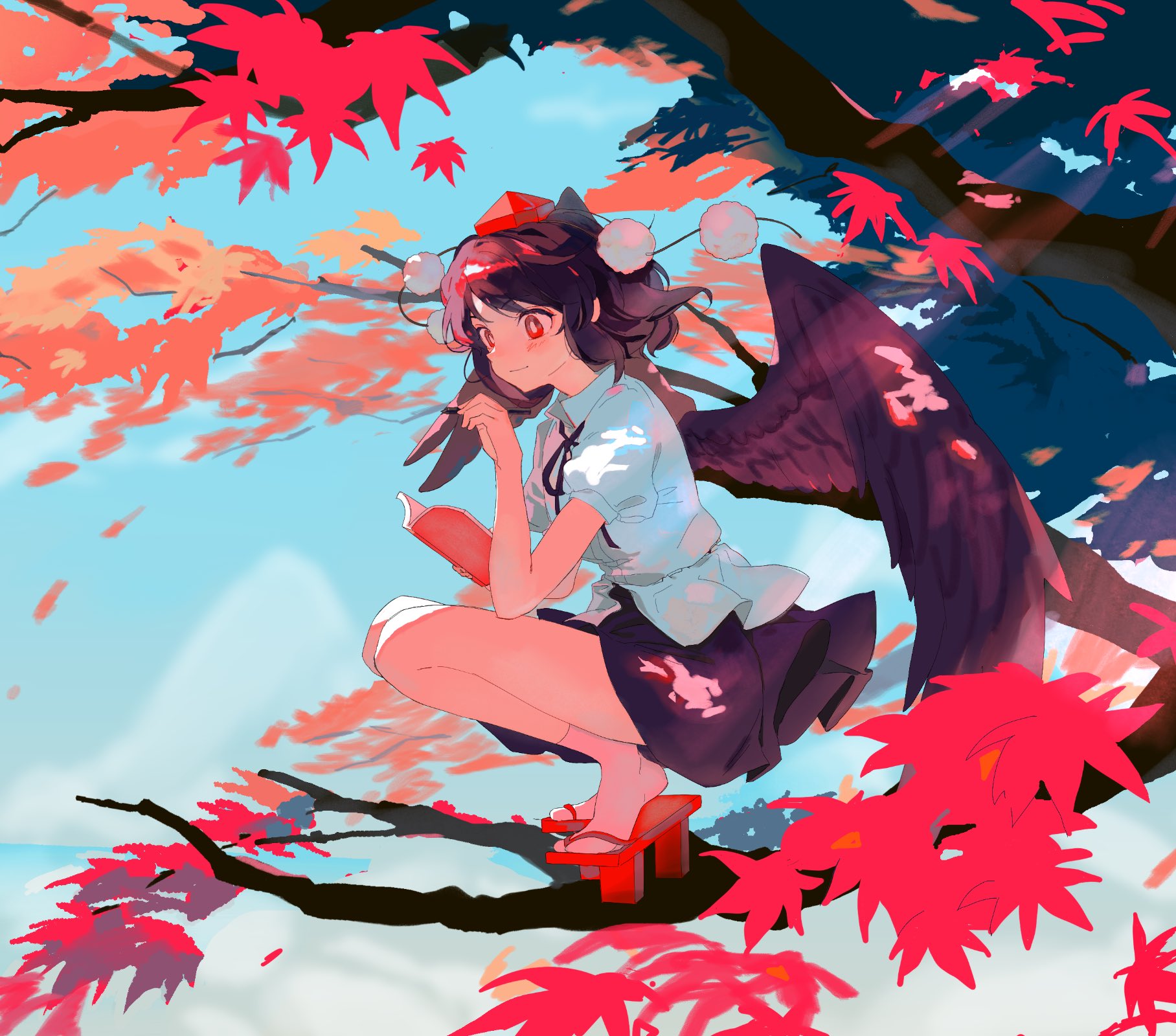 youshouhaoxianzhe, shameimaru aya, touhou, highres, 1girl, autumn leaves, bird wings, black hair, black ribbon, black skirt, black wings, closed mouth, full body, geta, hat, holding, holding notebook, holding pen, leaf, looking ahead, maple leaf, maple tree, neck ribbon, notebook, on tree, outdoors, pen, pom pom (clothes), puffy short sleeves, puffy sleeves, red eyes, red hat, red sandals, ribbon, sandals, shirt, short hair, short sleeves, skirt, solo, sunlight, tengu-geta, tokin hat, tree, white shirt, wings