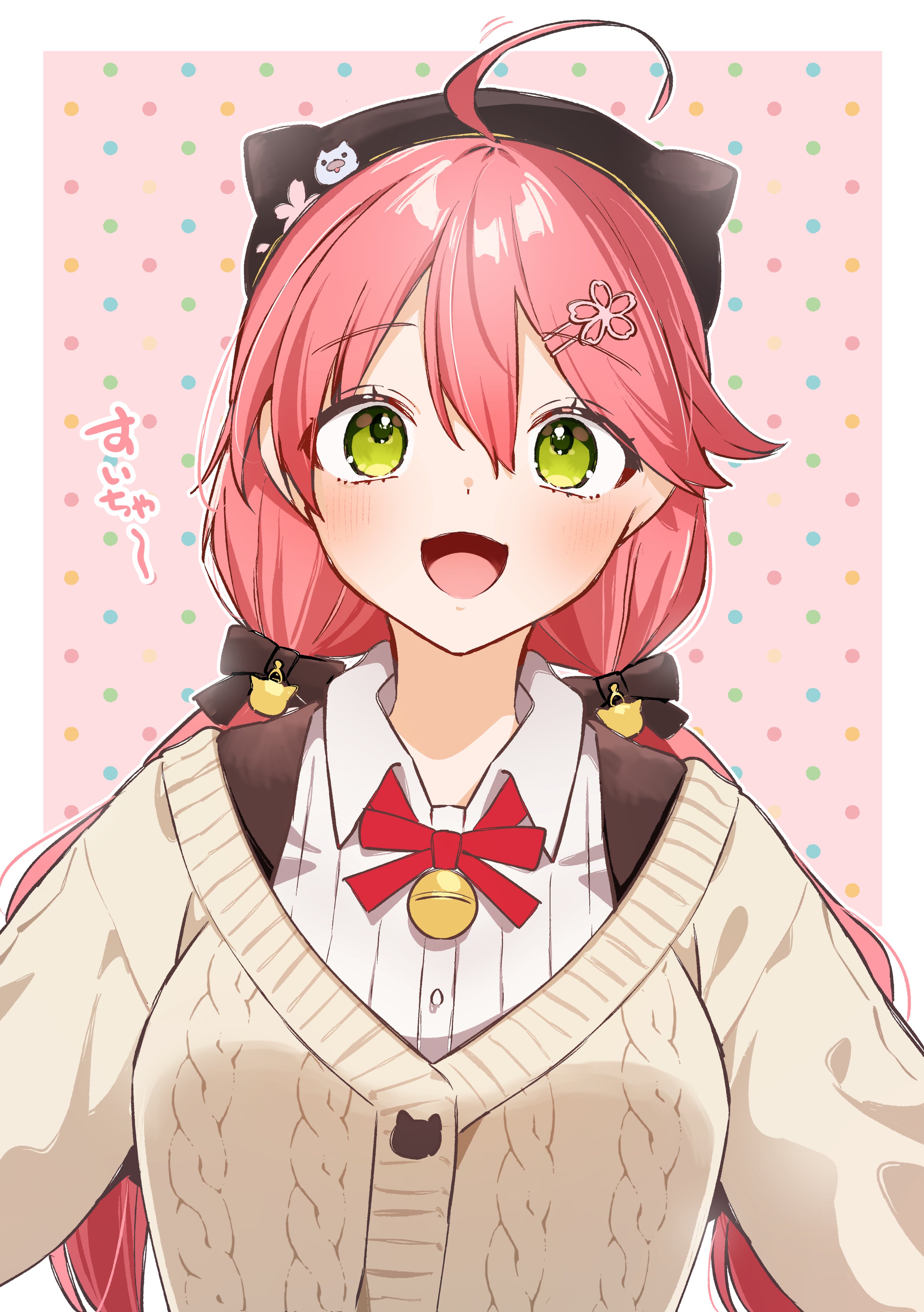 suicchonsuisui, sakura miko, sakura miko (casual), hololive, absurdres, highres, 1girl, ahoge, bell, black hat, blush, border, brown cardigan, cable knit, cardigan, collared shirt, double-parted bangs, green eyes, hair between eyes, hair ornament, hairclip, hat, long bangs, long hair, looking at viewer, low twintails, neck bell, neck ribbon, open mouth, outside border, parallel hairclips, pink background, polka dot, polka dot background, red hair, red ribbon, ribbed shirt, ribbon, shirt, smile, solo, twintails, upper body, virtual youtuber, white border, white shirt