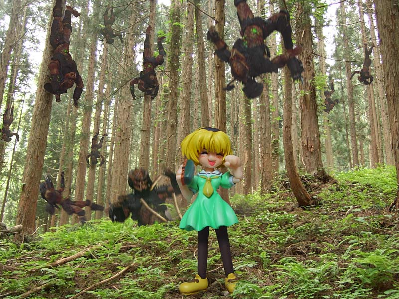 houjou satoko, higurashi no naku koro ni, photo (medium), ^ ^, blonde hair, blush, closed eyes, dress, figure, forest, hairband, nature, open mouth, pantyhose, parody, school uniform, serafuku, shoes, short hair, tree, what
