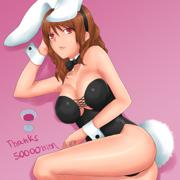 rokuichi, cissnei, crisis core final fantasy vii, final fantasy, final fantasy vii, 1990s (style), 1girl, animal ears, breasts, brown hair, cleavage, fake animal ears, female focus, large breasts, leotard, milestone celebration, playboy bunny, rabbit ears, red eyes, retro artstyle, solo, turks (ff7)